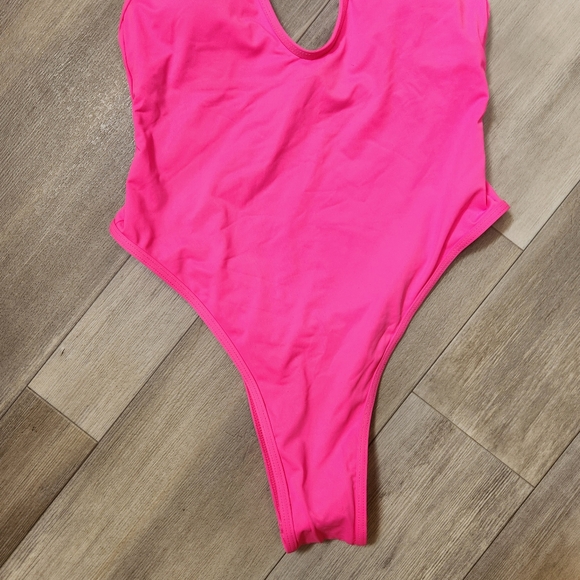 Hot pink swimsuit S neon one piece swimwear deep V high cut beach pool party new - Picture 3 of 6